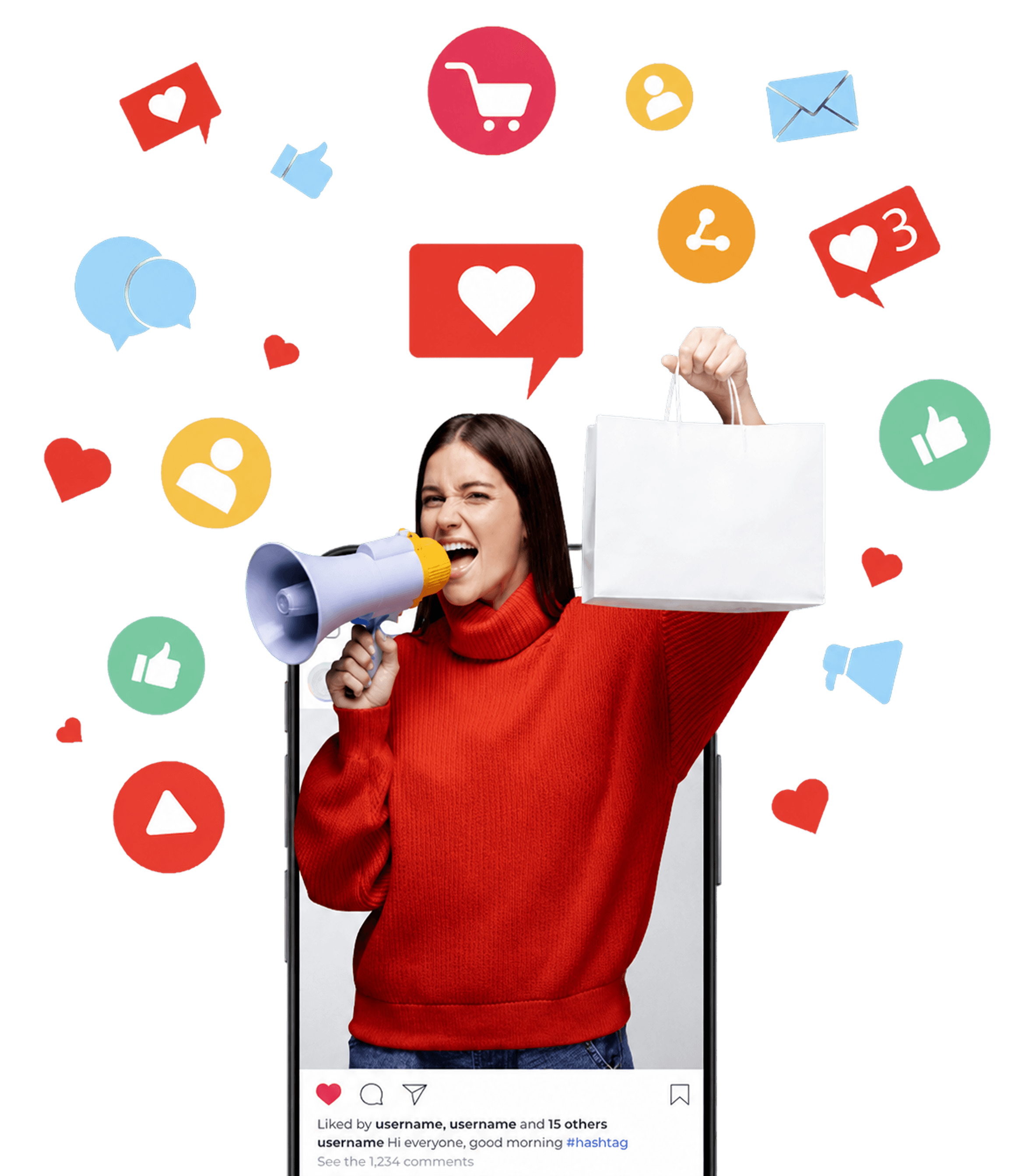 Smartphone with megaphone and social media engagement icons