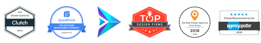 Industry recognition badges from Clutch, GoodFirms, Top Design Firms, UpCity, and Agency Spotter