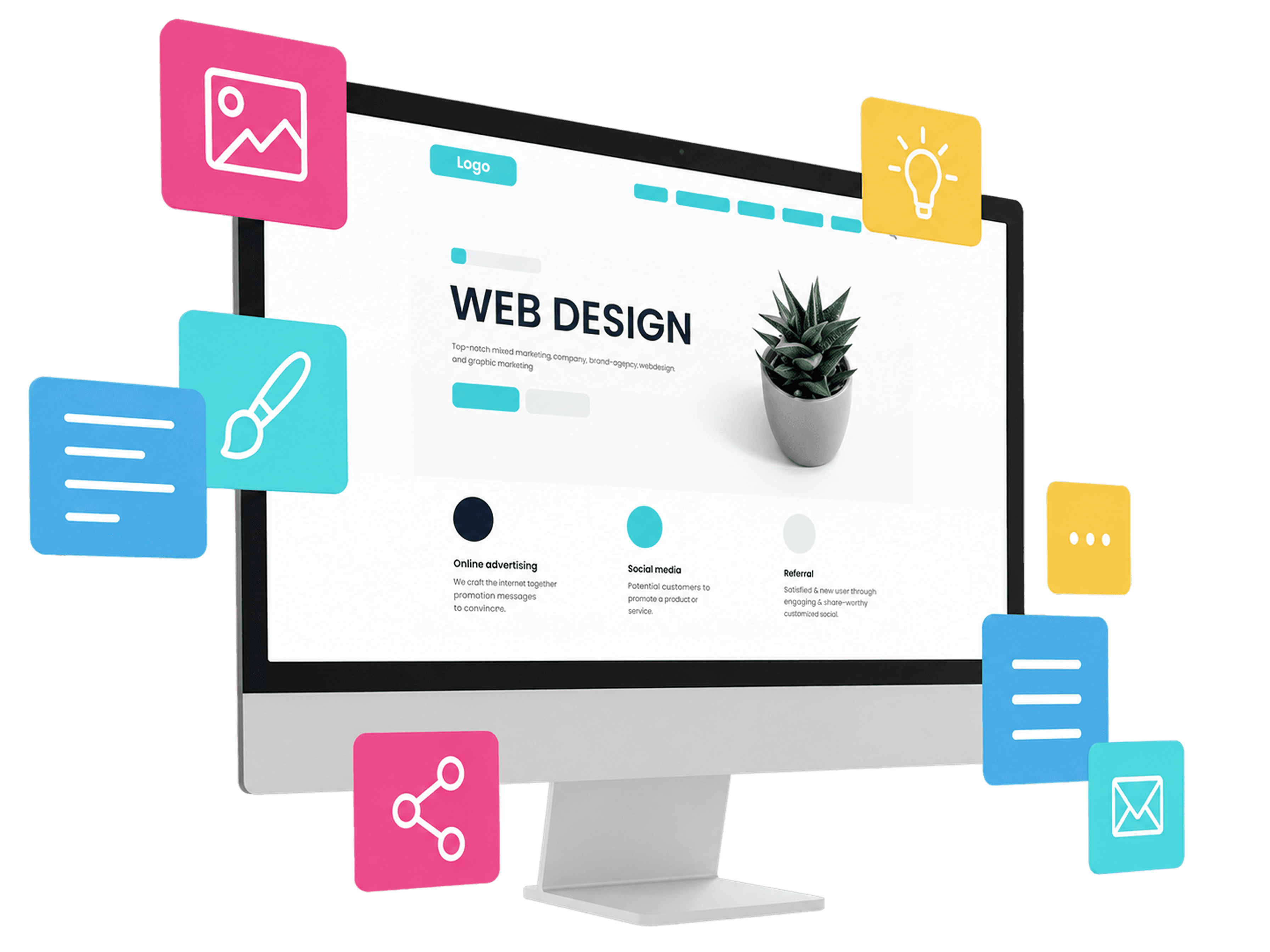 Web design illustration with monitor and creative tools