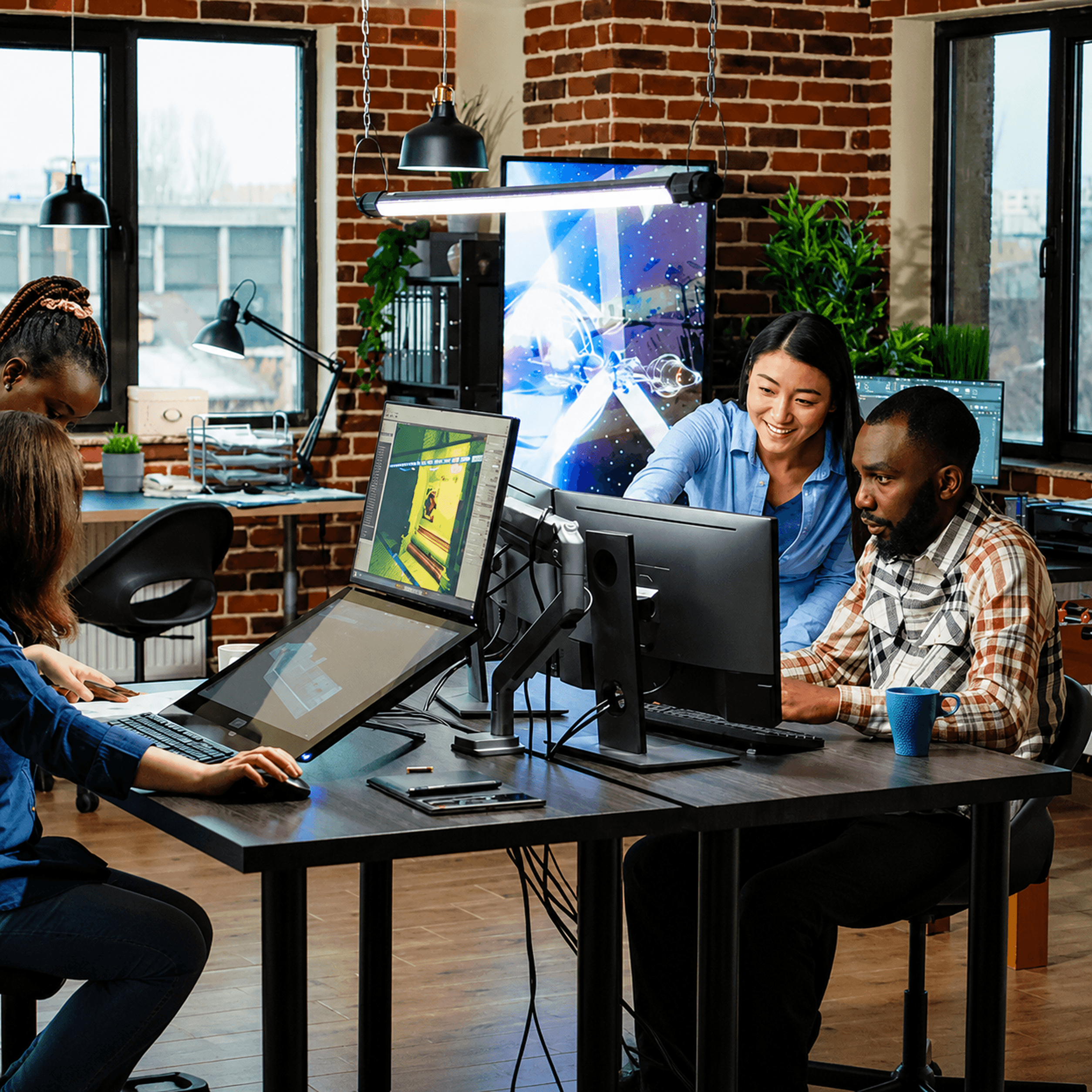Team collaborating in a modern office workspace
