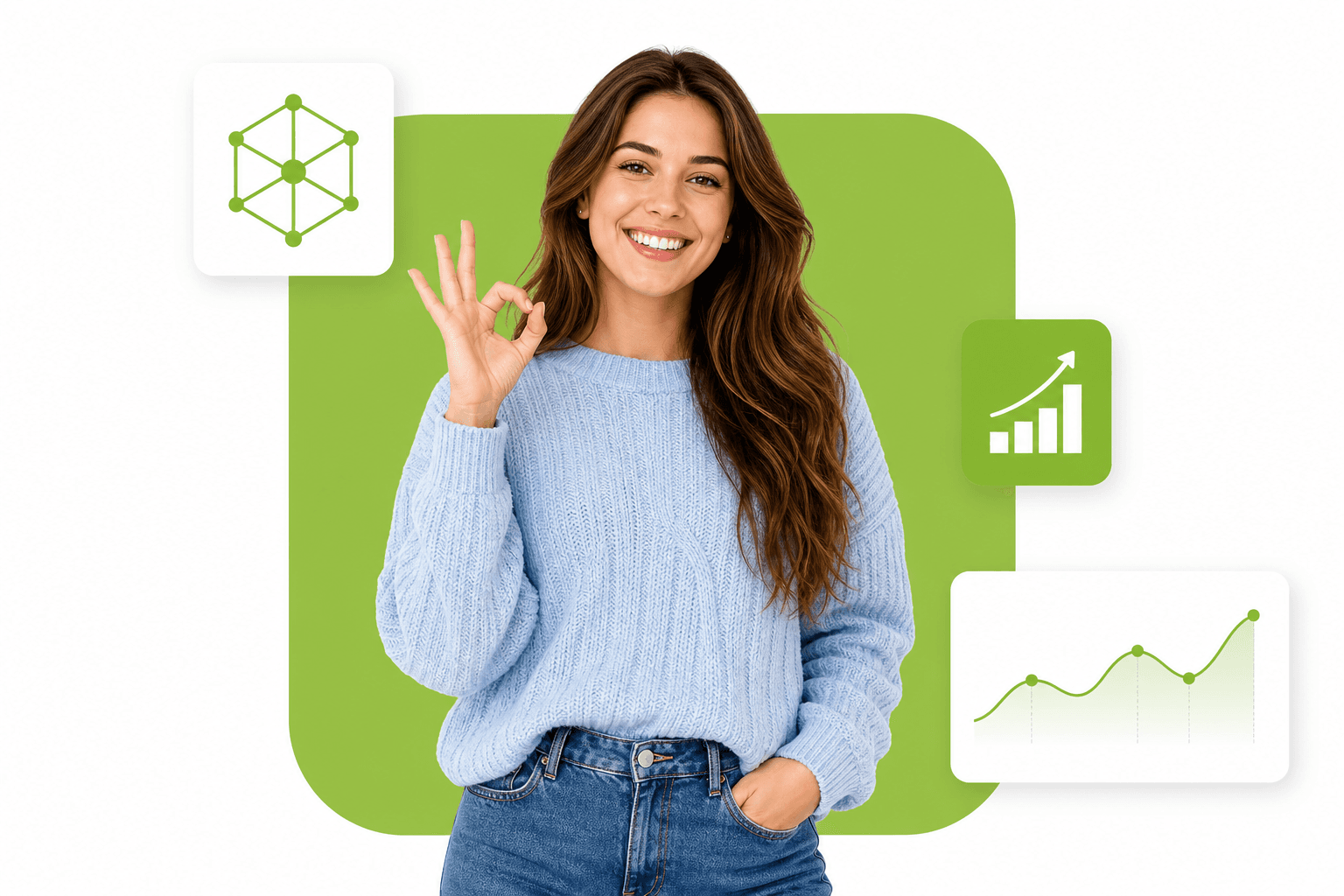 Shopify expert making an OK gesture with growth analytics graphics